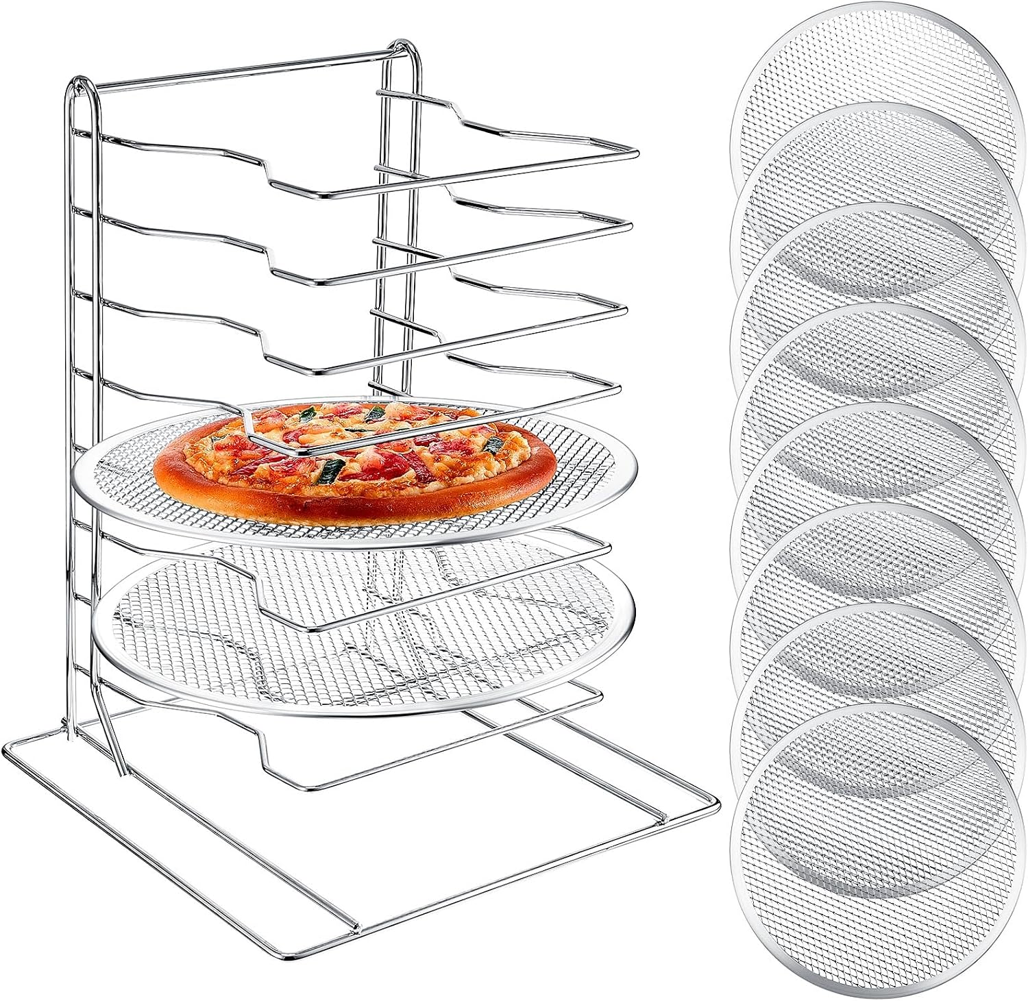 Mini Kitchen Baking - ชั้นวางพิซซ่า 8 ชั้น พร้อมถาดอบอลูมิเนียม 8 ถาดที่มีรู