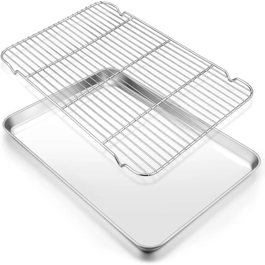 Kitchen Baking Tray Set - ชุดถาดอบสแตนเลส 304 พร้อมตะแกรงโลหะรูปสี่เหลี่ยมผืนผ้าสำหรับระบายความร้อน อุปกรณ์ย่างบาร์บีคิว สำหรับครัว แคมป์ปิ้งกลางแจ้ง