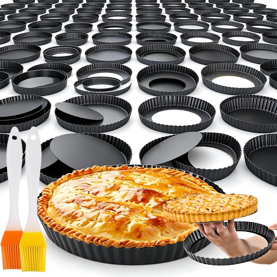 Tart Pan Loose - แม่พิมพ์พายขอบหยัก 2 ชิ้น พร้อมชุดแปรงทาน้ำมันแบบสุ่ม ถาดอบเหล็กคาร์บอนเคลือบสารกันติด อุปกรณ์ทำขนมสำหรับใช้ในครัวเรือน